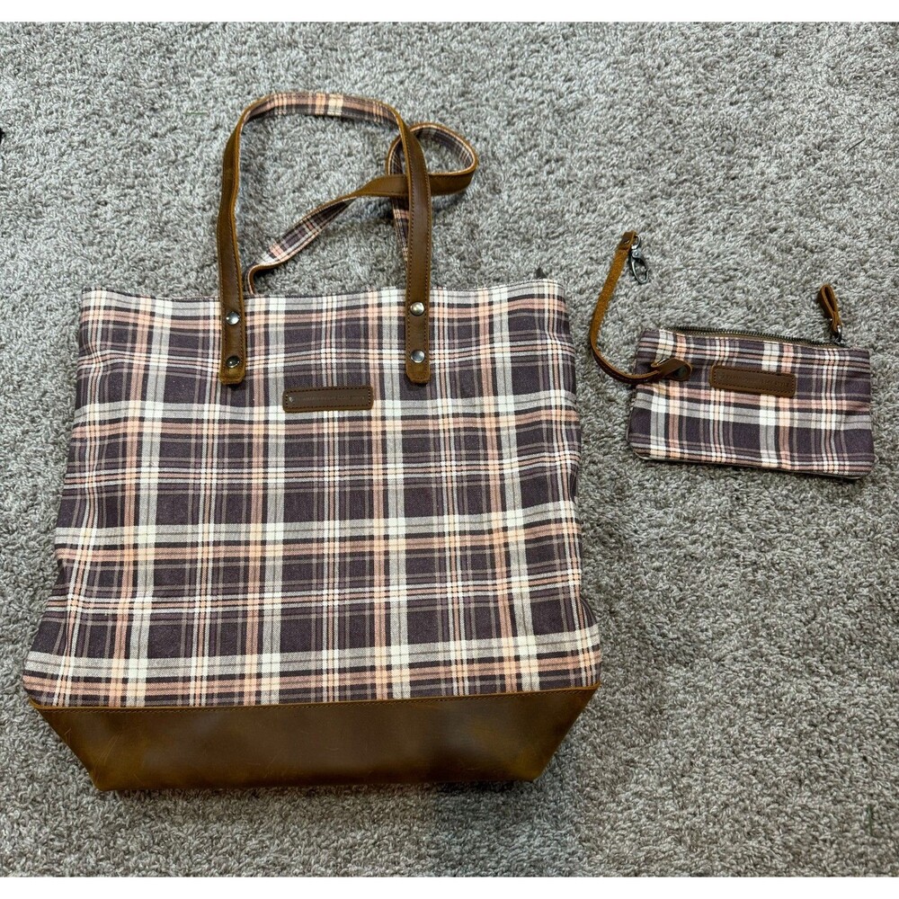 Farmhouse Is My Style Tote Bag Wallet Brown Plaid Mountain Cottage Leather Trim